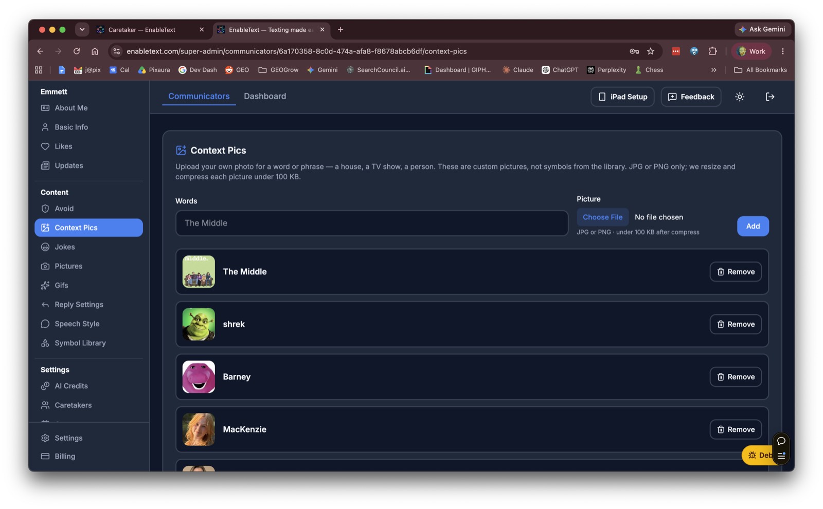 Caretaker Context Pics screen for adding photos used when a topic is mentioned.