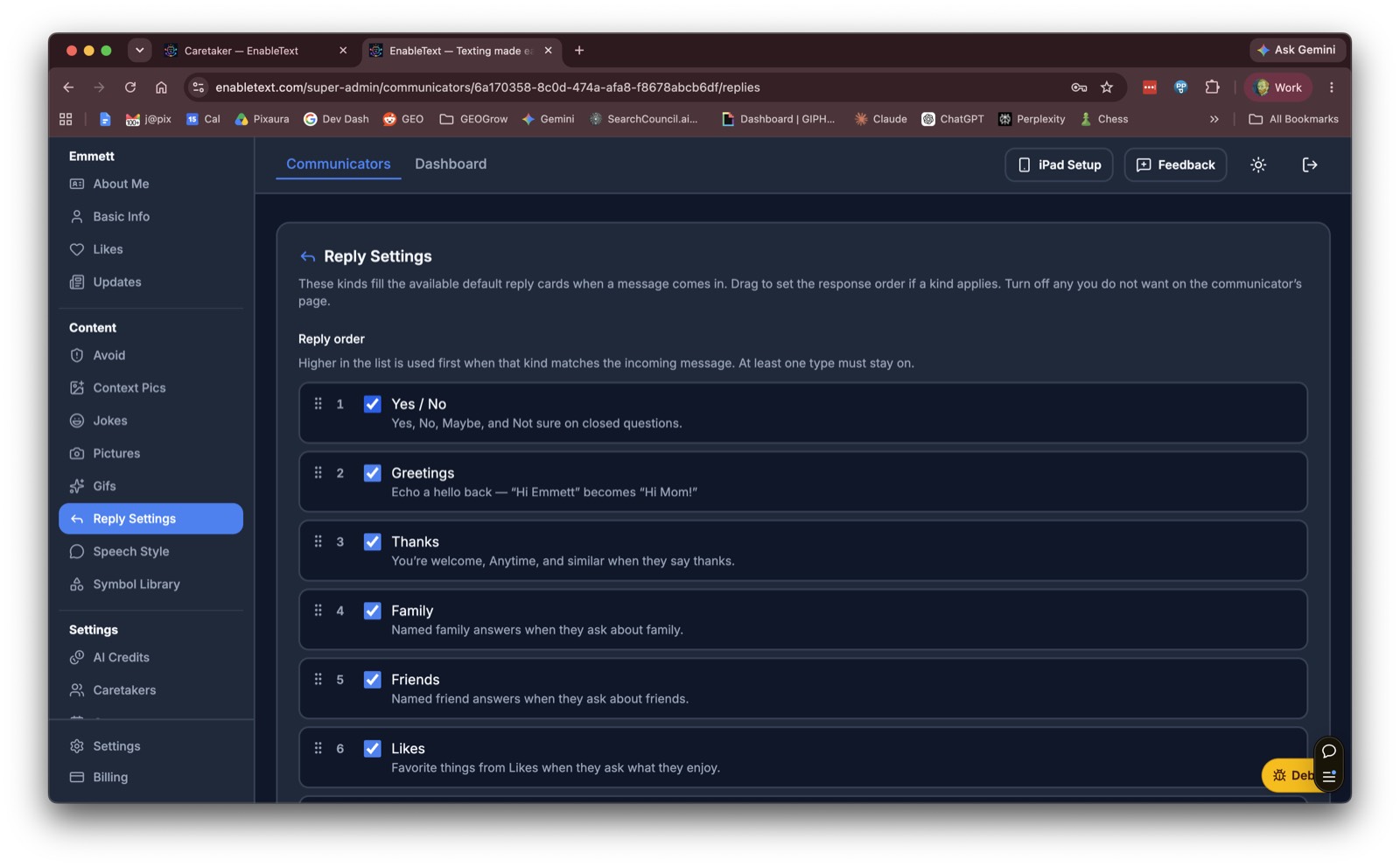 Caretaker reply settings for how EnableText generates contextually aware responses.