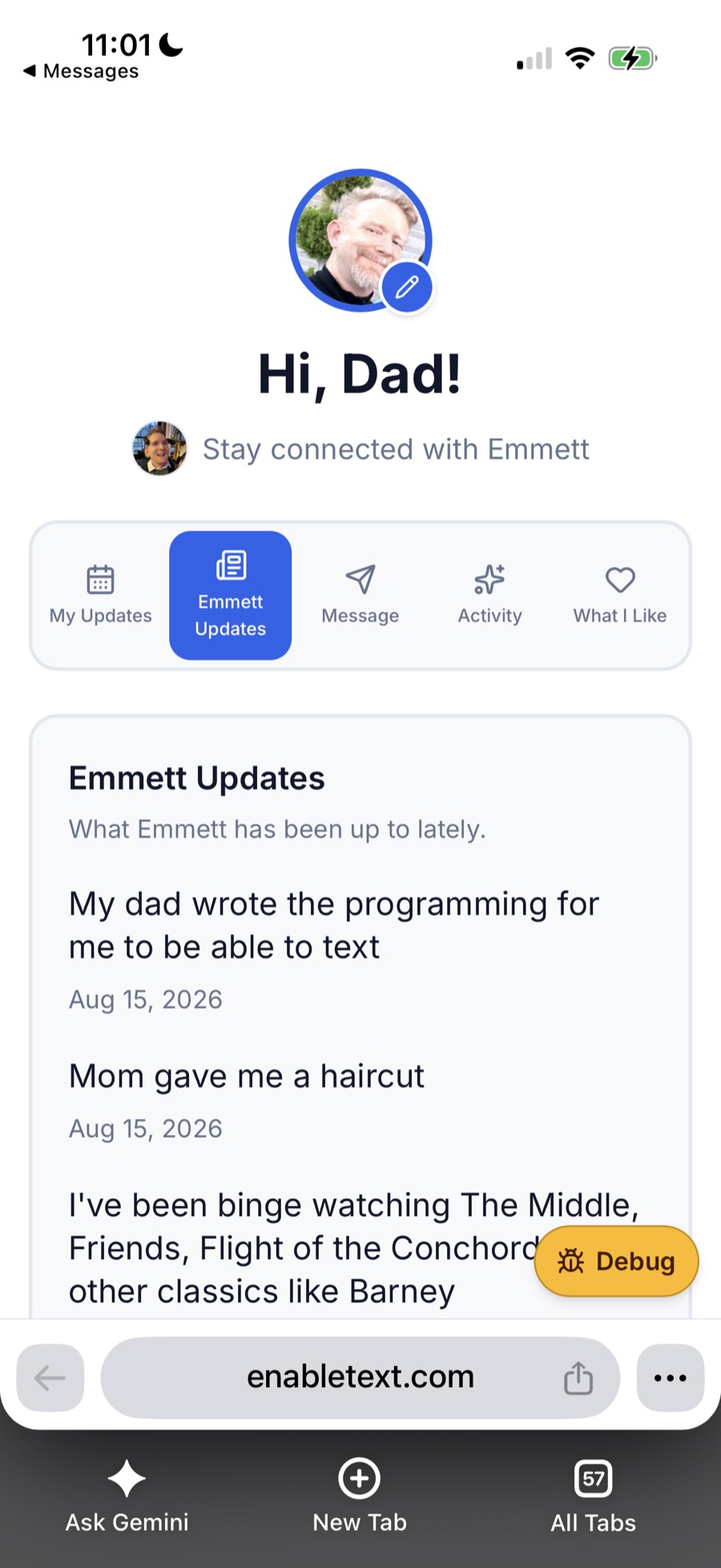 Emmett Updates screen listing what the Communicator has been up to, including a haircut and shows they’ve been watching.