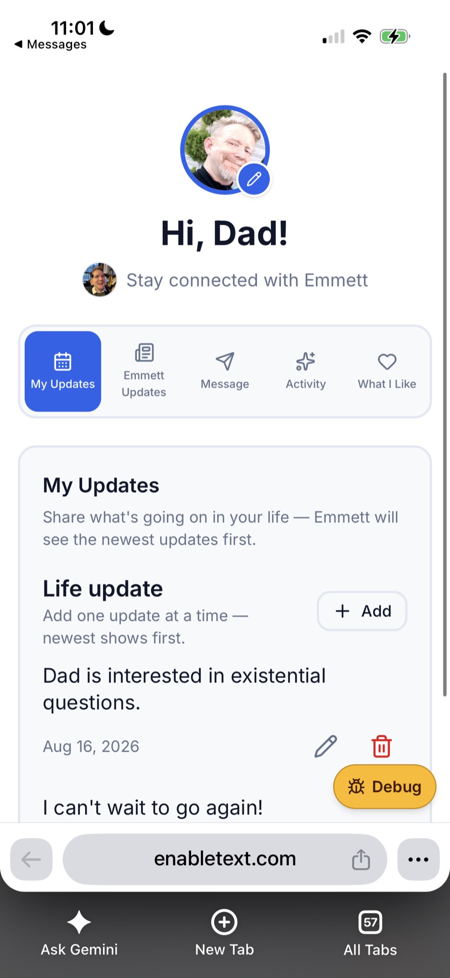 Contact home for Dad: Hi Dad, stay connected with Emmett, and tabs for My Updates, Emmett Updates, Message, Activity, and What I Like.