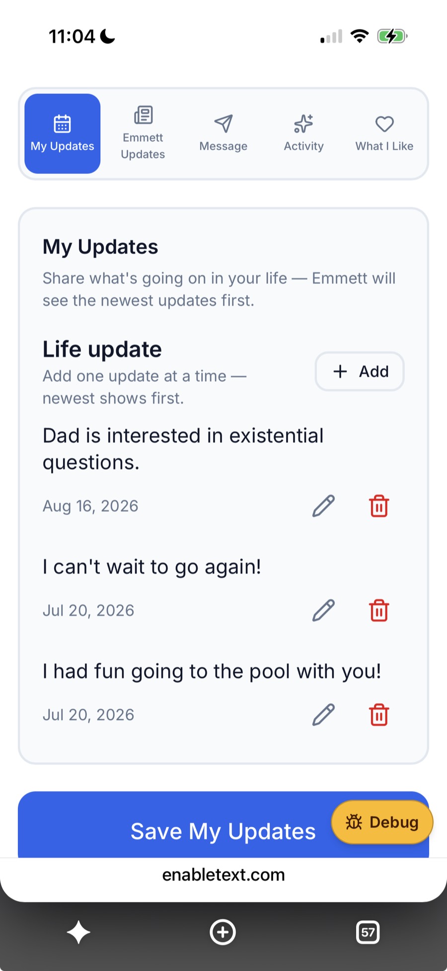 My Updates screen where Dad adds life updates for Emmett, with a Save My Updates button.