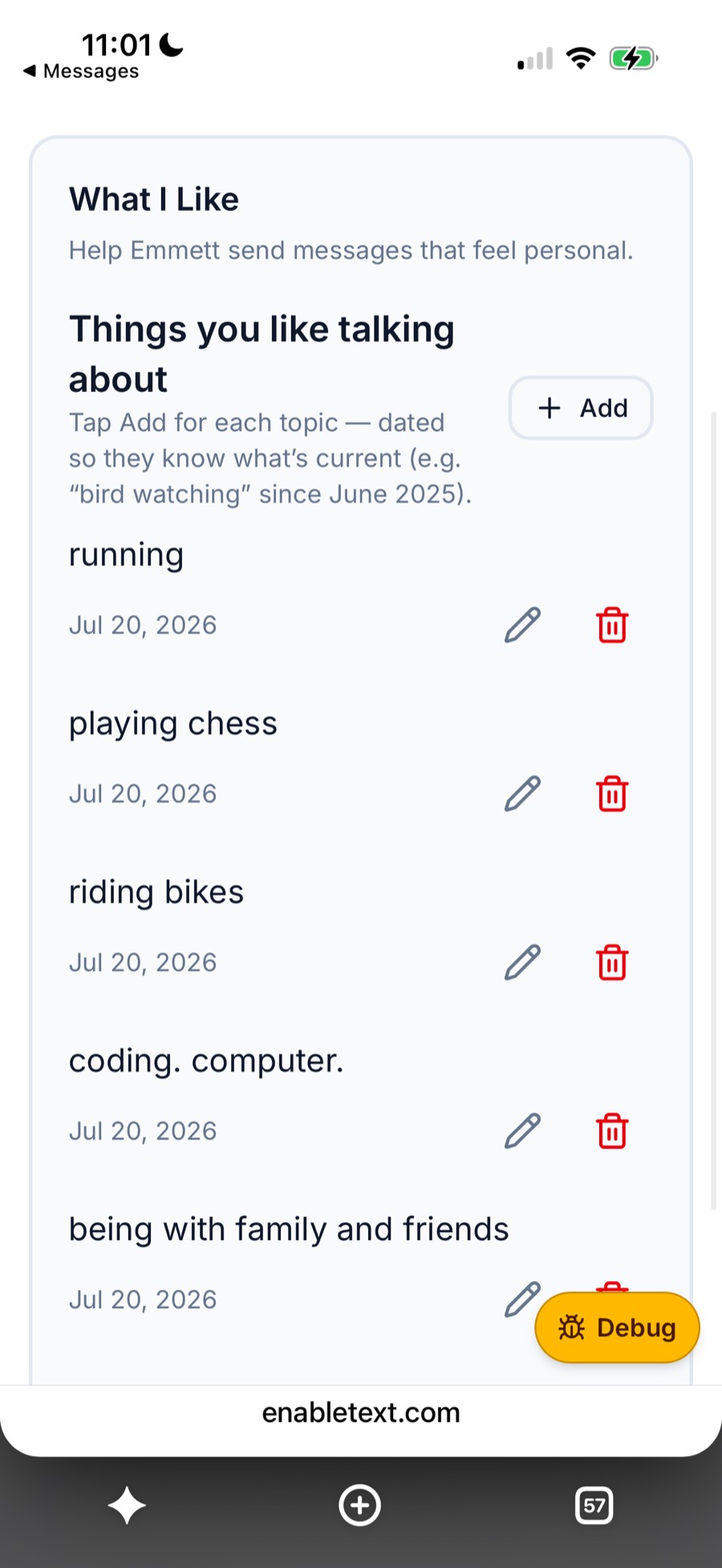 What I Like screen where Dad lists running, playing chess, riding bikes, coding, and being with family and friends.