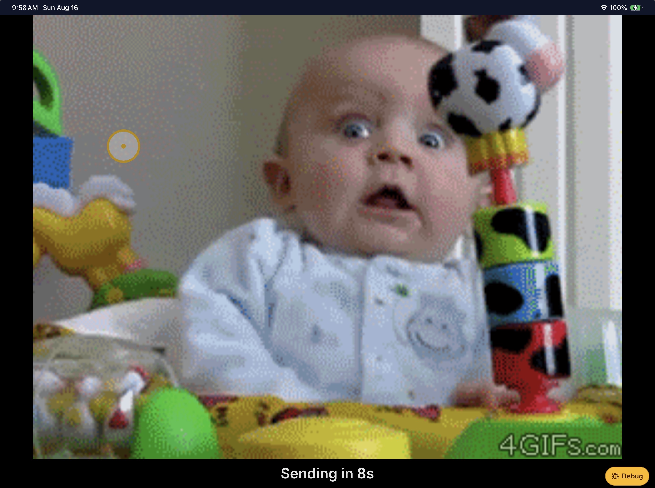 EnableText previewing a funny Giphy GIF of a surprised baby, with a Sending in 8s countdown.