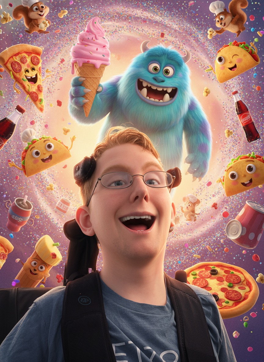 An AI-generated funny picture of the Communicator in a colorful scene with a blue monster holding ice cream.