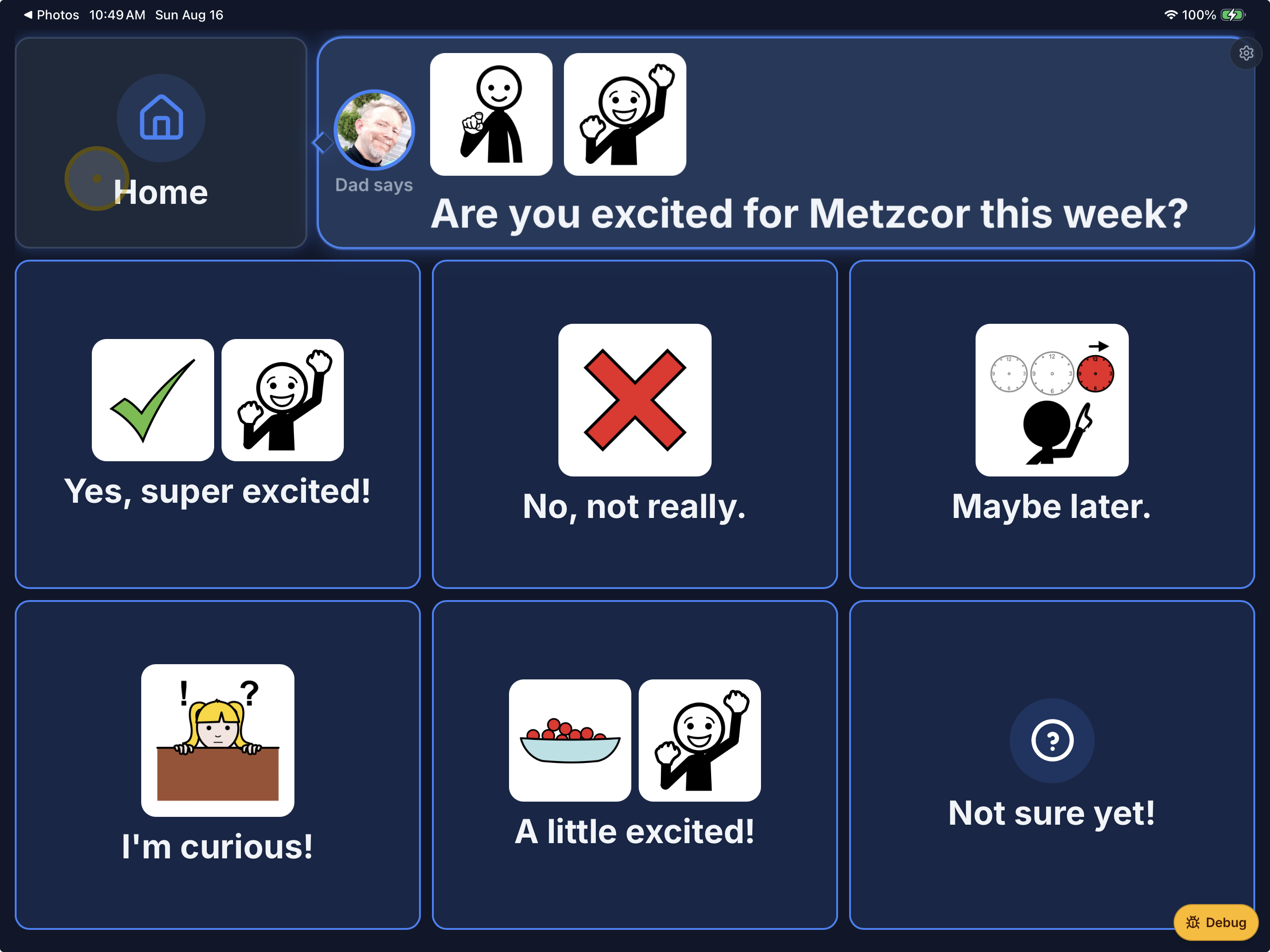EnableText reply screen. Dad says: Are you excited for Metzcor this week? Six AI-generated reply tiles sit below.
